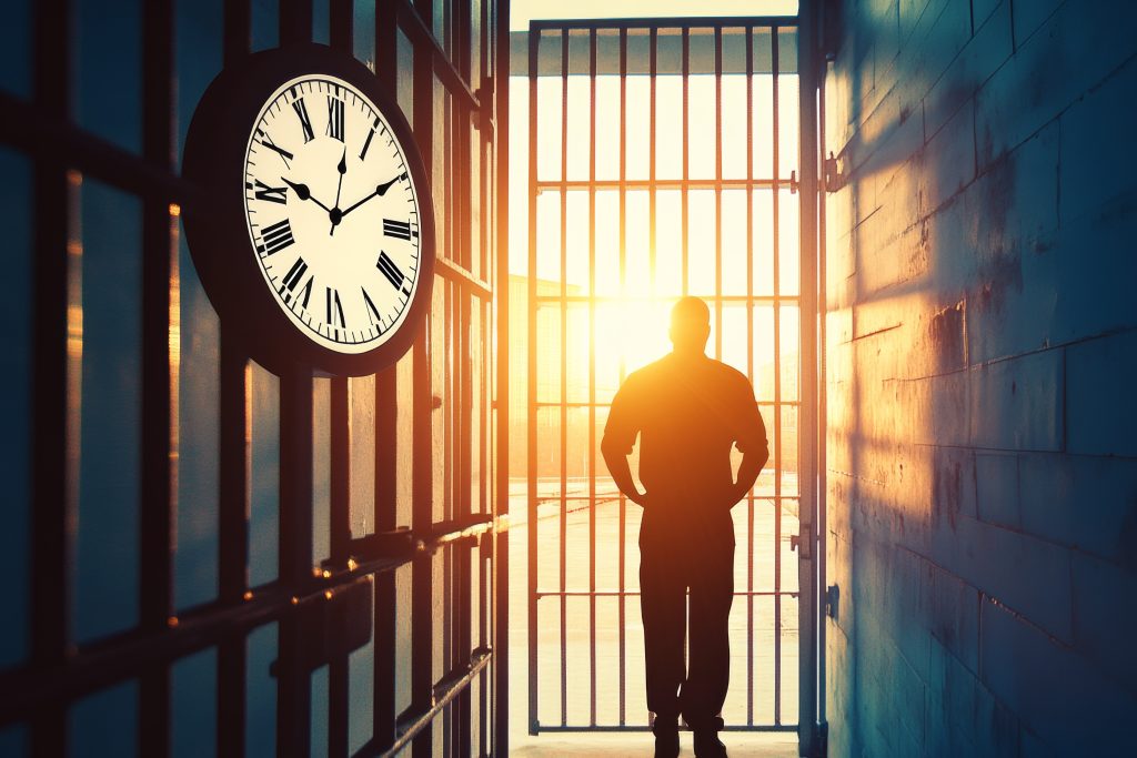 prisoner's silhouette at sunset: a solitary figure, backlit by the setting sun, stands silhouetted in a prison doorway, his hands behind his back, creating a poignant image of confinement and hope.